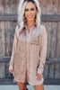 Khaki Sequin Splicing Pocket Buttoned Shirt Dress Khaki Sequin Splicing Pocket Buttoned Shirt Dress