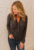 Black V Neck Buttons Ruched Long Sleeve Top