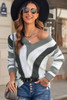 Gray Striped Colorblock V Neck Knitted Sweater Gray Striped Colorblock V Neck Knitted Sweater