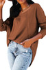 Brown Waffle Knit Splicing Buttons Long Sleeve Top