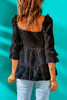 Black Square Neck Smocked Puff Sleeve Blouse