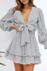 Gray Deep V Neck Lantern Sleeve Knotted Tiered Mini Dress