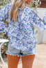 Blue Floral Print Tie V Neck Button Up Blouse