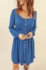 Blue Button Up High Waist Long Sleeve Dress