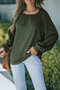 Green Scoop Neck Puff Sleeve Waffle Knit Top