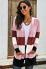Pink Open Front Colorblock Cardigan with Pockets