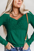 Green Lace Crochet V Neck Long Sleeve Top