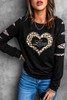 Black Leopard Rhinestone Heart Graphic Slash Sleeve Sweatshirt