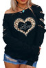 Black Leopard Rhinestone Heart Graphic Slash Sleeve Sweatshirt