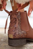 Brown Faux Leather Sequin Lace-up Ankle Boots