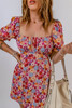 Pink Square Neck Short Puff Sleeves Floral Dress