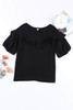 Black Floral Embroidered Flounce Puff Sleeve Blouse