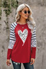 Red Valentines Leopard Heart Print Color Block Long Sleeve Top