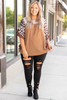 Khaki Waffle Knit Animal Print Ruffle Sleeves Plus Size Top