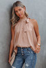 Pink Sleeveless Tie Mock Neck Leopard Tank Top