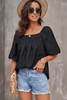 Black Lush Printed Balloon Sleeve Ruched Chiffon Top