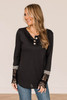 Black Lace Leopard Splicing Buttoned Knit Top