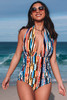 Multicolor Picasso Print Halter Neck Ruched One-Piece Swimsuit