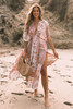 Red Boho Print Deep V Kimono Sleeves Beach Dress with Split