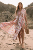 Red Boho Print Deep V Kimono Sleeves Beach Dress with Split