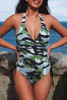 Green Camouflage Drawstring Backless One Piece Swimsuit