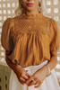 Orange Textured Crochet Keyhole Puff Sleeve Blouse