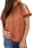 Brown Crochet Frilled Neck Puff Sleeve Blouse