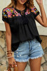 Black Geometric Floret Embroidered Short Sleeve Blouse