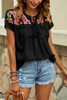 Black Geometric Floret Embroidered Short Sleeve Blouse