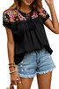 Black Geometric Floret Embroidered Short Sleeve Blouse