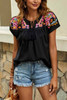 Black Geometric Floret Embroidered Short Sleeve Blouse