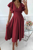 Red Ruffled Sleeve Wrap V Neck Midi Dress