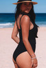 Black Tie Straps Buckle Waistband Ribbed One Piece Swimsuit