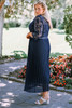 Blue Lace Scalloped V Neck 3/4 Sleeves Pleated Tulle Plus Maxi Dress