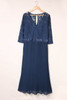 Blue Lace Scalloped V Neck 3/4 Sleeves Pleated Tulle Plus Maxi Dress