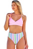 Pink Solid Color Top and Striped Bottom Bikini Set
