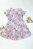 Pink Short Sleeves Floral Print Tiered Ruffled Dress