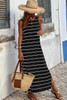 Black Stripe Print Open Back Sleeveless Maxi Dress with Slits