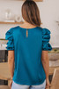 Blue Ruched Puff Short Sleeve Satin Blouse