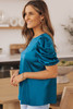 Blue Ruched Puff Short Sleeve Satin Blouse