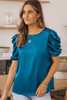 Blue Ruched Puff Short Sleeve Satin Blouse