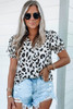 White Leopard Notch Neck Bubble Sleeve Blouse