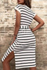 Striped Button Slit Tie V-Neck Midi Dress