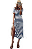 Blue Stripe Print V Neck Maxi Dress with Side Splits