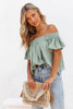 Green Off Shoulder Textured Ruched Ruffle Blouse