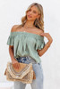 Green Off Shoulder Textured Ruched Ruffle Blouse