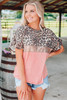 Pink Leopard Sequin Colorblock Patchwork Short Sleeve Top