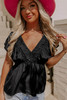 Black V Neck Ruffle Babydoll Peplum Top