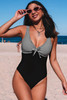 Black Striped Patchwork Open Back Sleeveless V Neck Swimsuit