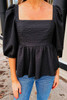 Black Textured Square Neck Puff Sleeve Peplum Blouse